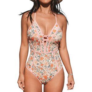 ✨ Women's Pink One Piece Swimsuit Plunging V Neck Crisscross Tie Bathing Suits